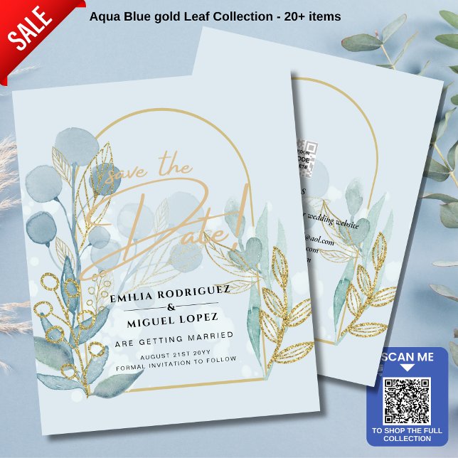 Aqua Pale Blue Leaves Wedding SAVE THE DATE Custom (Creator Uploaded)