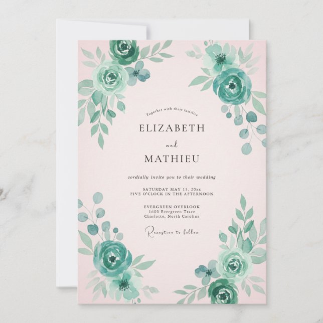 Aqua Pale Pink Petal Wedding Invitation (Front)