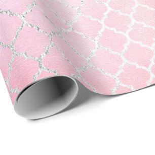 Aqua Pastel Ombre Silver Pink Quatrefoil Wrapping Paper