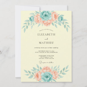 Aqua Peach Botanical Watercolor Wedding Invitation
