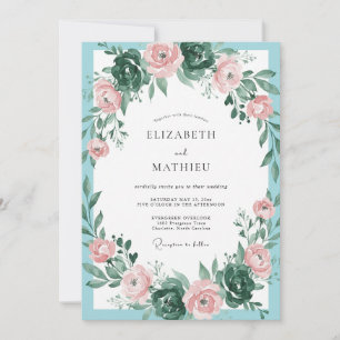 Aqua Peach Foliage Eucalyptus Wedding Invitation