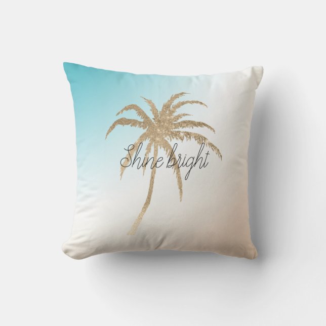  Aqua Peach Gold Tropical Palm Tree           Cushion (Front)