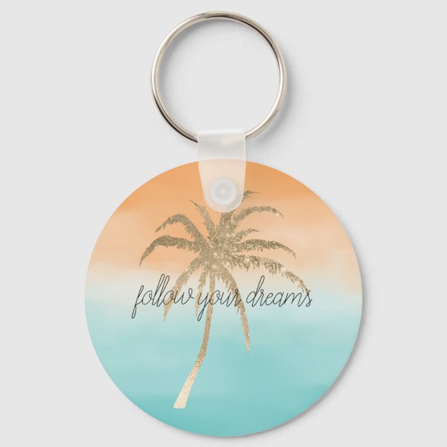 Aqua Peach Gold Tropical Palm Trees Ombre     Key Ring (Front)
