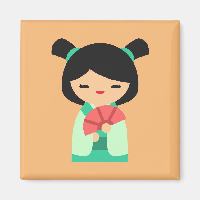 Aqua peach Kokeshi Japanese dolls Magnet (Front)