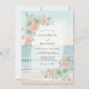 Aqua Peach Peony Wedding Invitation