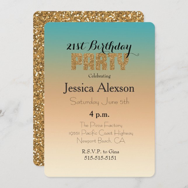 Aqua Peach Sunset Ombre Gold Glitter Invitation (Front/Back)
