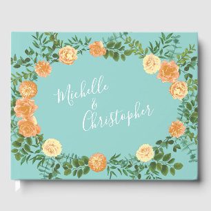 Aqua Peach Wedding Floral Roses Guest Book