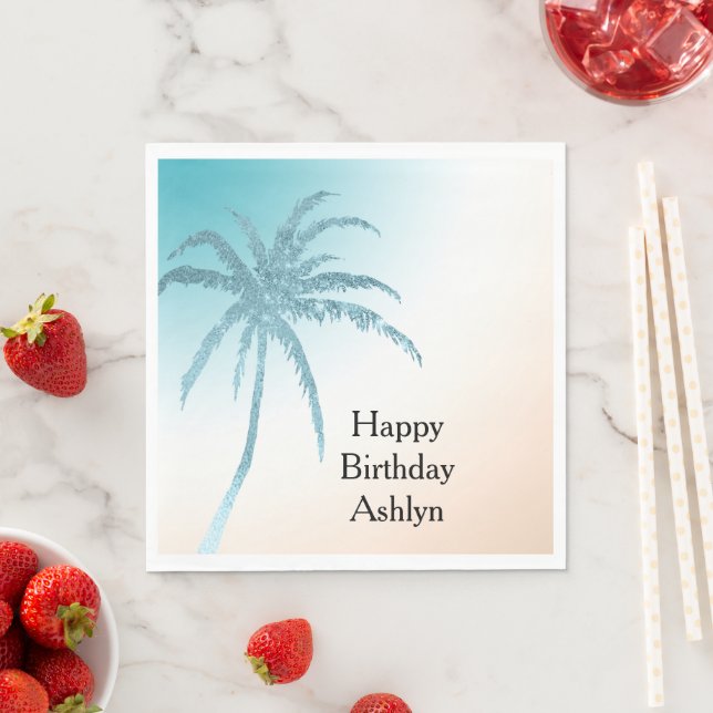 Aqua Peach White Palm Tree Birthday Napkin (Insitu)