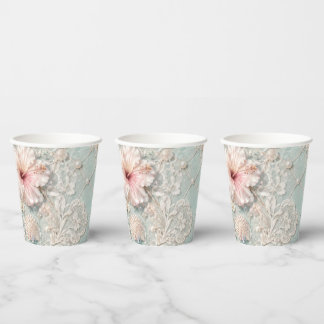 Aqua Pearl Lace Seashell Under the Sea Party Paper Cups