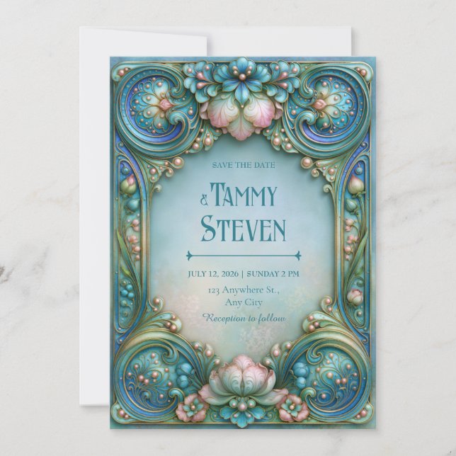 Aqua Pearl Lotus Wedding Invitation (Front)