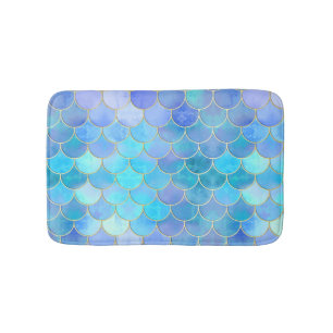 Aqua Pearlescent & Gold Mermaid Scale Pattern Bath Mat