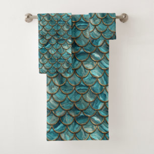 Aqua Pearlescent & Gold Mermaid Scale Pattern Bath Towel Set