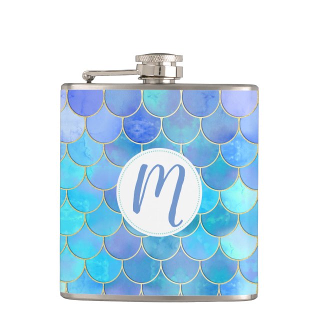 Aqua Pearlescent & Gold Mermaid Scale Pattern Hip Flask (Front)