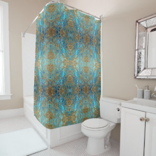 Aqua Pearlescent & Gold Mermaid Scale Pattern Shower Curtain
