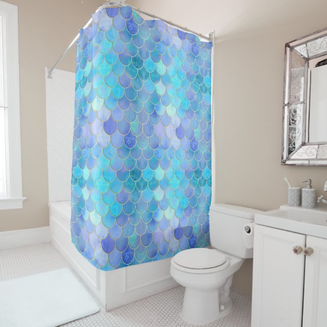 Aqua Pearlescent & Gold Mermaid Scale Pattern Shower Curtain (In Situ)