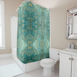 Aqua Pearlescent & Gold Mermaid Scale Pattern Shower Curtain
