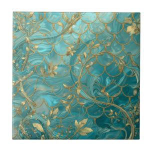 Aqua Pearlescent & Gold Mermaid Scale Pattern Tile