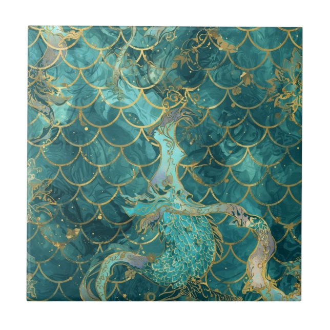 Aqua Pearlescent & Gold Mermaid Scale Pattern  Tile (Front)