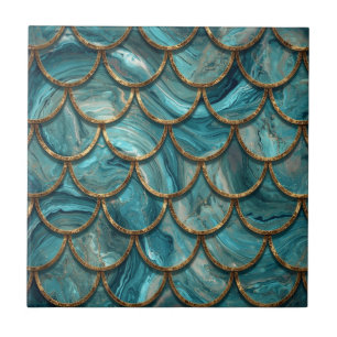Aqua Pearlescent & Gold Mermaid Scale Pattern  Tile
