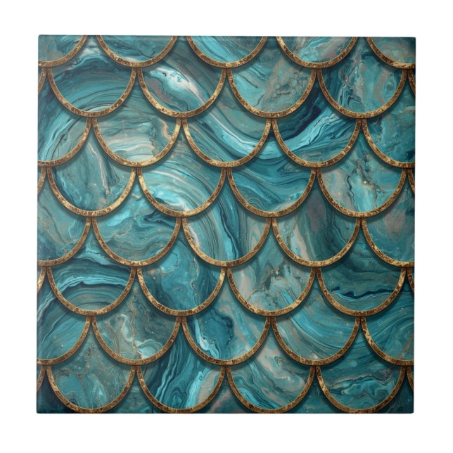 Aqua Pearlescent & Gold Mermaid Scale Pattern  Tile (Front)