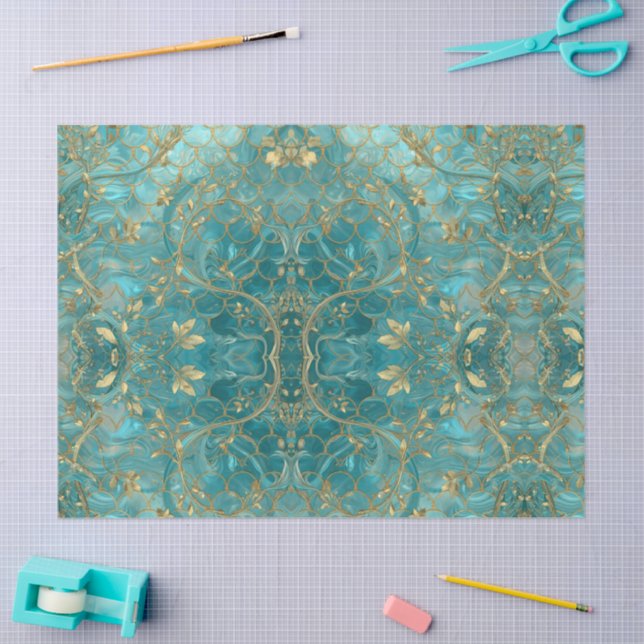 Aqua Pearlescent & Gold Mermaid Scale Pattern  Tissue Paper (Craft)