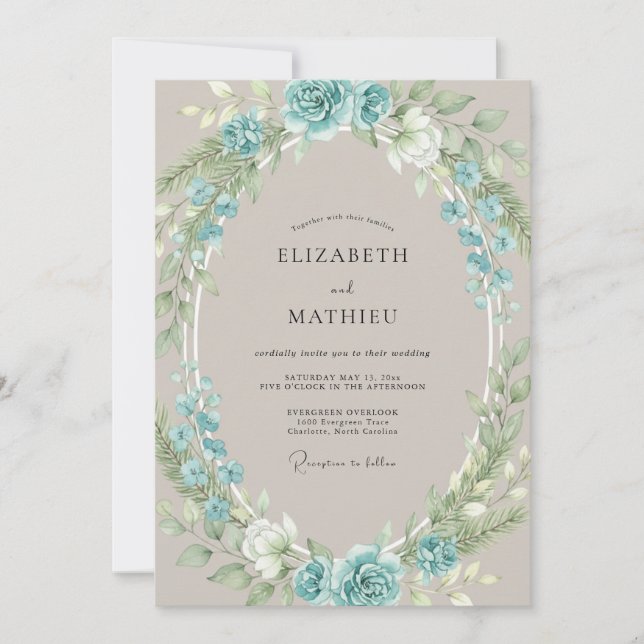 Aqua Peony Romantic Wedding Invitation (Front)