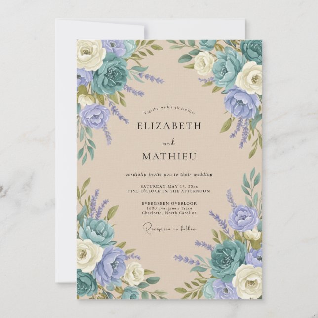 Aqua Periwinkle Peony Wedding Invitation (Front)