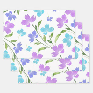 Aqua Periwinkle Purple Watercolor Floral Stems   Wrapping Paper Sheet