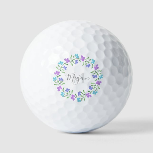 Aqua, Periwinkle, Purple Watercolor Floral Wreath  Golf Balls (Front)