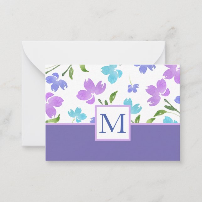 Aqua Periwinkle Purple Watercolor Flower Stems Card (Front)