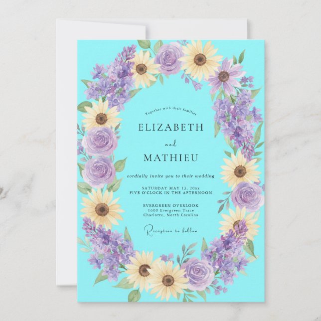 Aqua Periwinkle Sunflower Eucalyptus Wedding Invitation (Front)