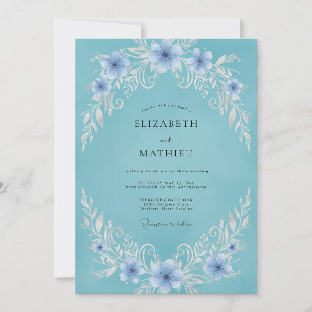 Aqua Periwinkle Vine Wedding Invitation (Front)