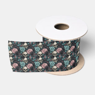 Aqua Pink and Black Goth Floral Satin Ribbon
