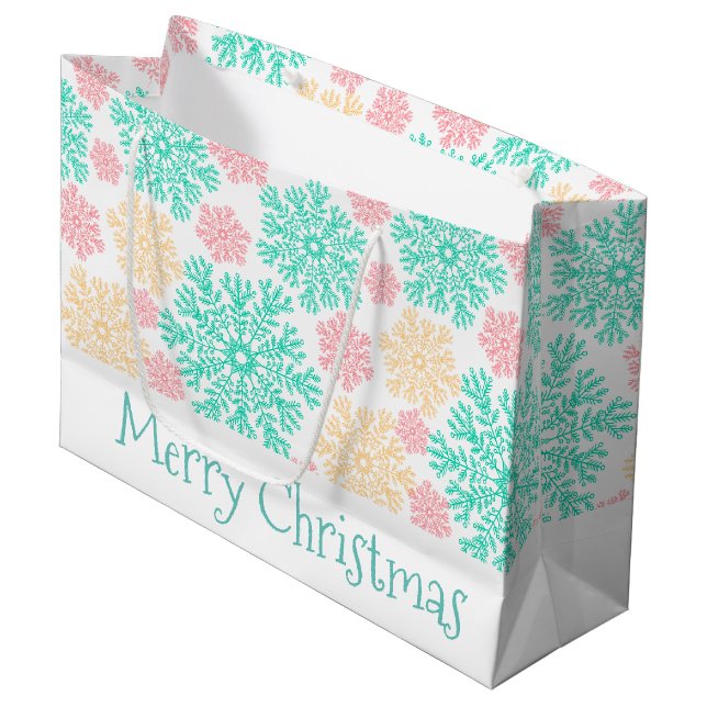 Aqua Pink and Gold Snowflakes Christmas Large Gift Bag (Front Angled)
