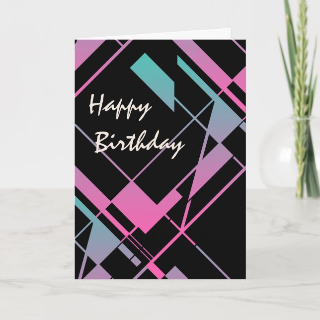 Aqua Pink Black Diagonal Abstract Design Birthday Card (Front)
