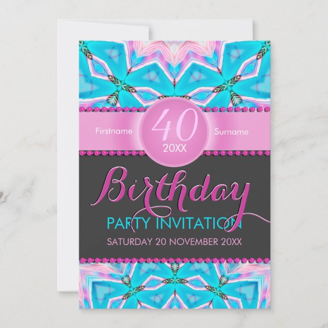 Aqua Pink Bohemian 40th Birthday Invitation (Front)