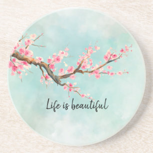 Aqua Pink Cherry Blossom Floral    Coaster