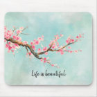 Aqua Pink Cherry Blossom Floral  Mouse Pad