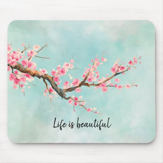 Aqua Pink Cherry Blossom Floral  Mouse Pad (Front)