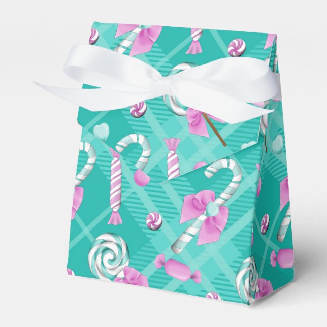 AQUA & PINK CHRISTMAS CANDY PATTERNS FAVOUR BOX (Front Side)