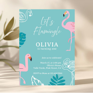 Aqua & Pink Flamingo Tropical Birthday Invitation