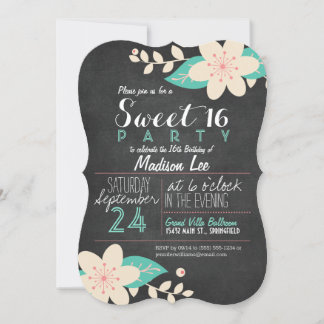 Aqua & Pink Floral Chalkboard Sweet 16 Party Invitation