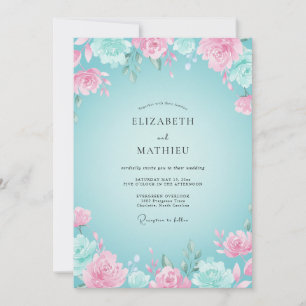 Aqua Pink Floral Romantic Wedding Invitation