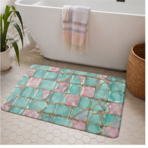Aqua Pink Gold Mosaic Glass Elegant Luxury Bath Mat