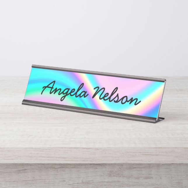 Aqua Pink Iridescent Rainbow Wave Desk Name Plate (Front)