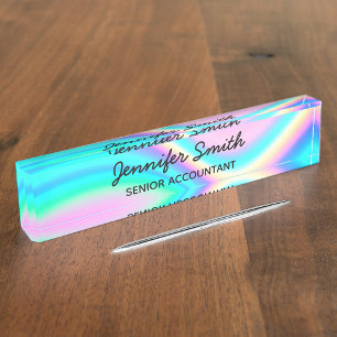 Aqua Pink Iridescent Rainbow Wave Ombre Nameplate