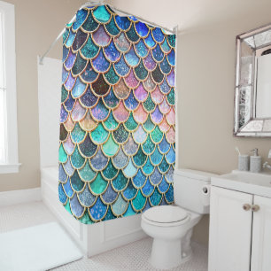 Aqua Pink Mermaid Glitter Scales- Mermaid Scales Shower Curtain