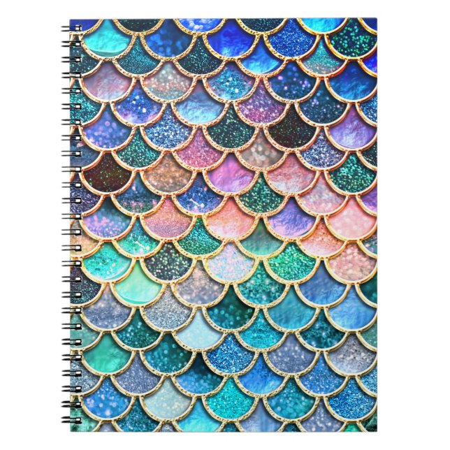 Aqua Pink Mermaid Glitter Scales- Mermaid Scales Spiral Notebook (Front)