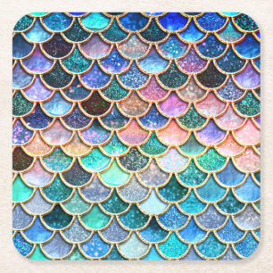 Aqua Pink Mermaid Glitter Scales- Mermaid Scales Square Paper Coaster