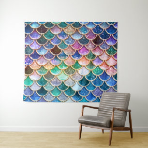 Aqua Pink Mermaid Glitter Scales- Mermaid Scales Tapestry